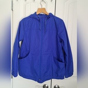 T BY TALBOTS blue rain jacket windbreaker zip front reflective dots COASTAL SZ M